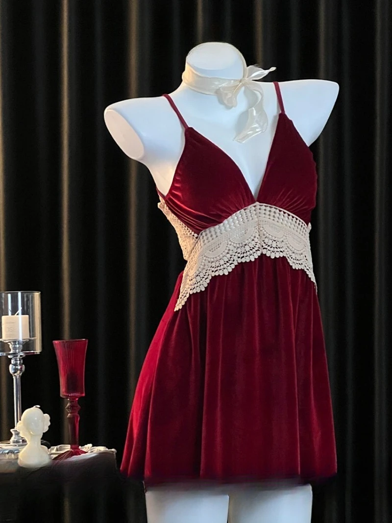 

Red Velvet Strappy Backless Nightgown,Sexy Feminine Allure Pajama,Deep V Sleepwear with Chest Cushion,Romantic Pure Desire