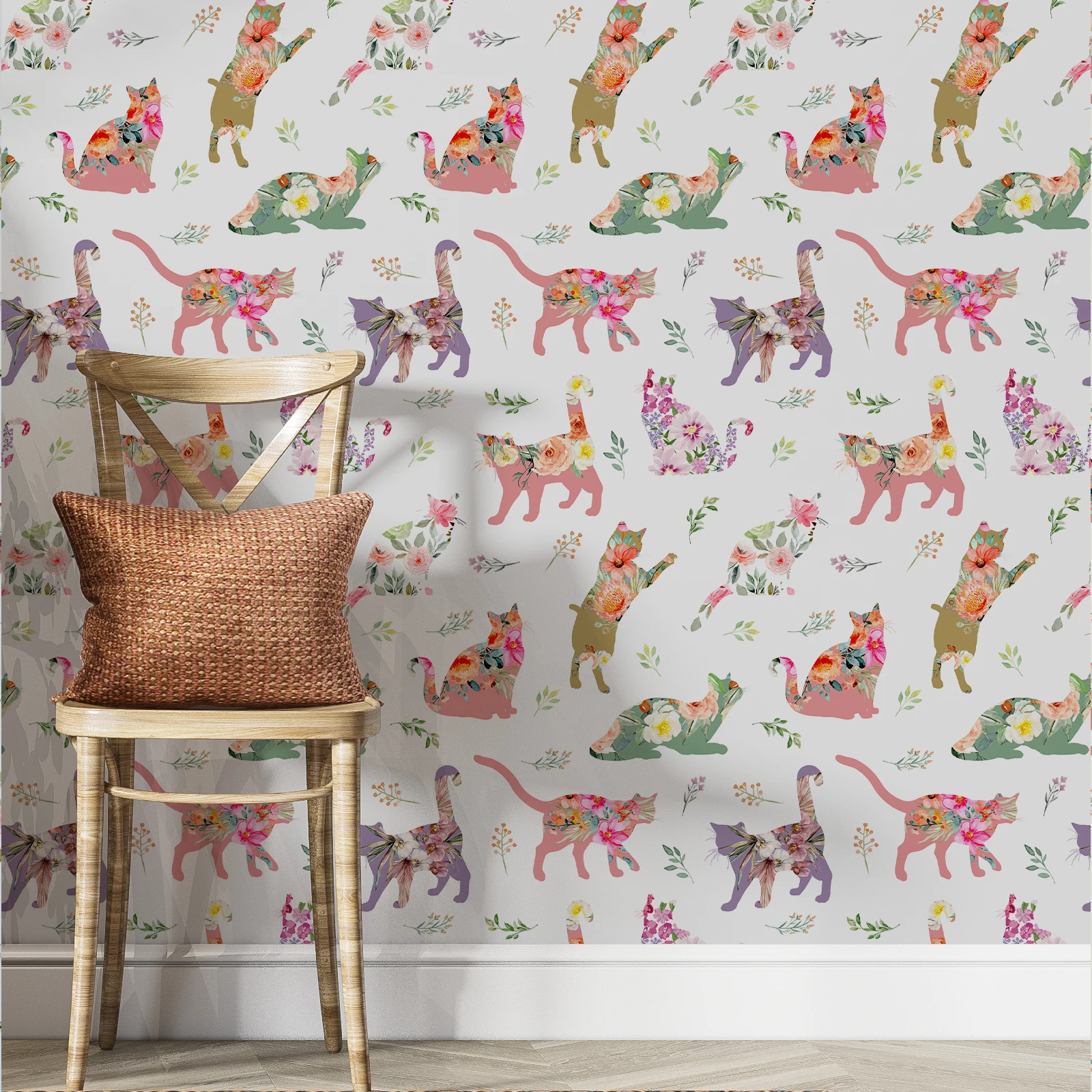 Cute Pink Cat Floral Wallpaper Chic Peel And Stick Cartoon Wall Decoration Elegant Self Adhesive Waterproof Cabinet Sticker