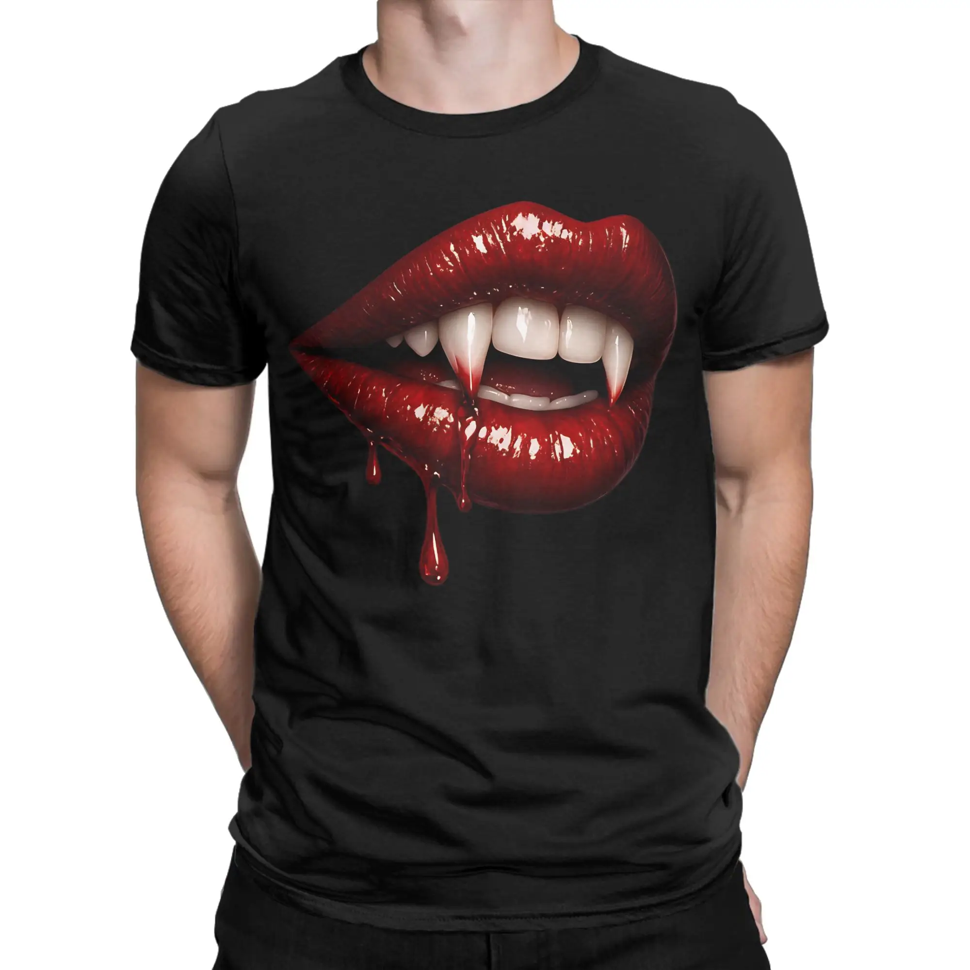 Humorous Vampire Lips Fangs Blood Drip Gothic T-Shirt for Men Crewneck 100% Cotton T Shirts  Short Sleeve Tee Shirt Clothing