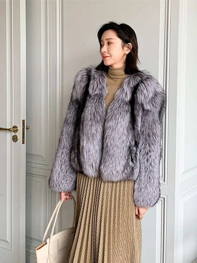 Winter Super Luxury Silver Fox Fur Full Skin Coat Bright Color Women Silver Fox Fur Outfit Jacket