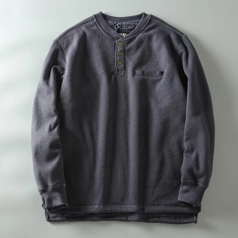 

Waffle Plush Long Sleeved Sweater Men Large Henry Collar Warm Pullover Outdoor Fitness Sports Running Travel Ski Autumn Winter