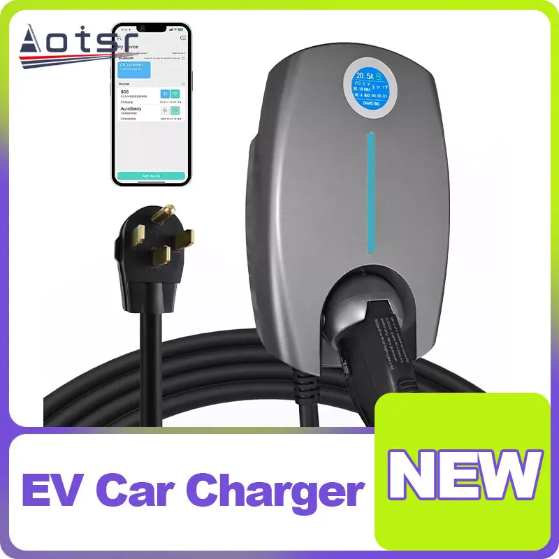 

Aotsr New Smart Electric Vehicle Charging Station Level 2 40A NEMA14-50 25ft Cable Indoor/Outdoor Easy Installation