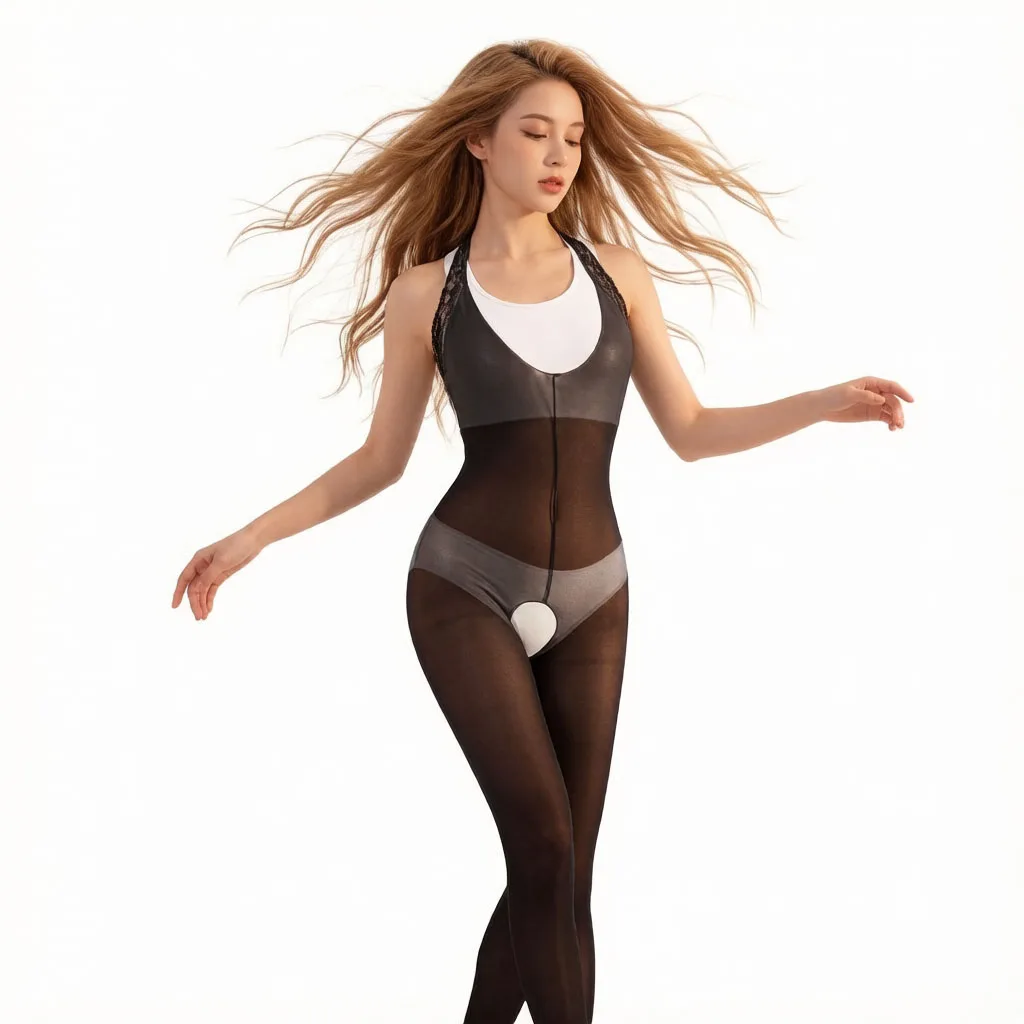 Deep V Neck Lace Trim Full Bodystocking Crotchless Bodysuit Babydoll Tights Pantyhose Sleepwear High Elastic Lingerie for Woman