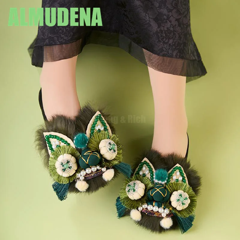 

Tiger Headed Half Slippers Green Toe Wrapped Handmade Soft Soled Embroidered Shoes for Home or Outdoor Wear In Spring and Summer
