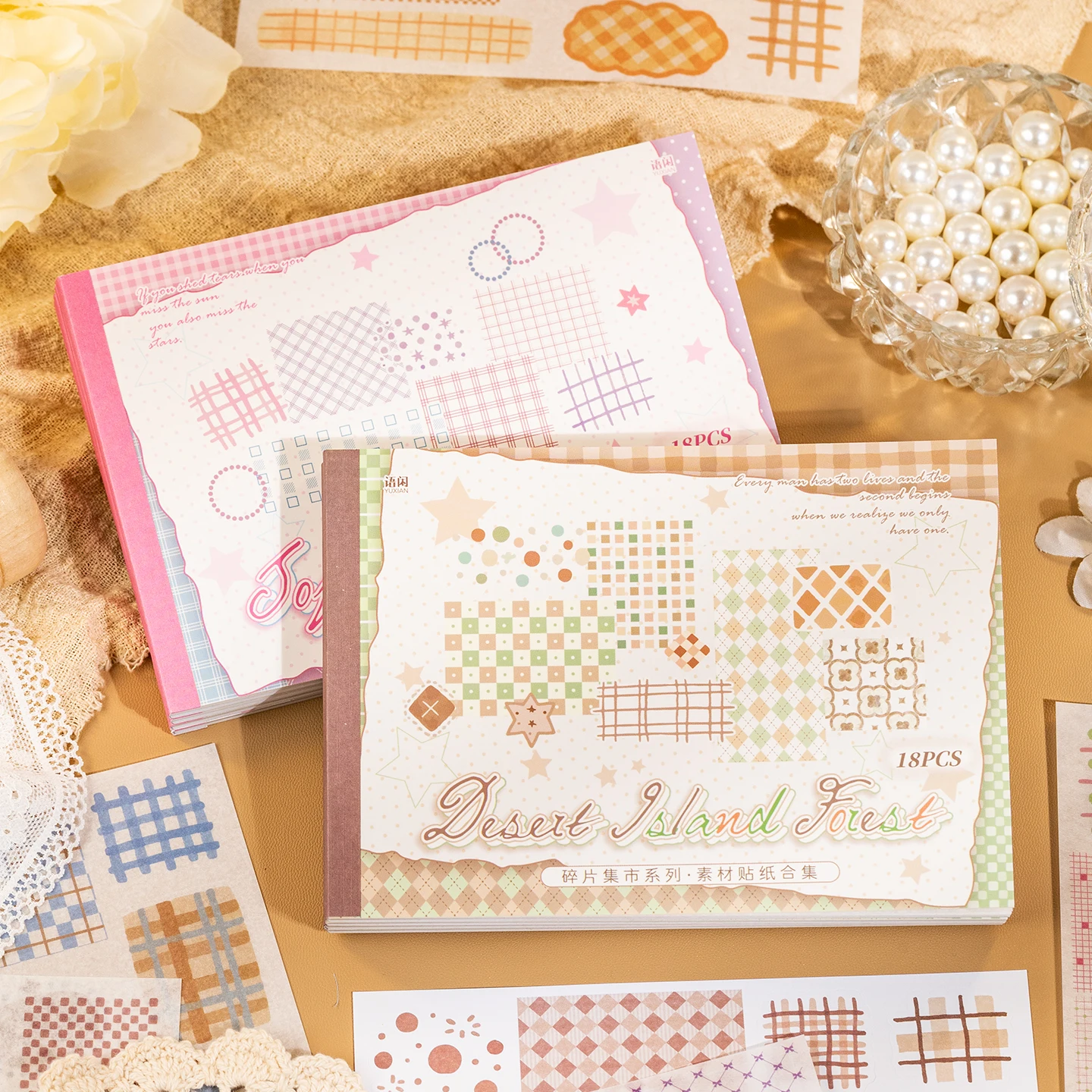 18Pcs Plaid Grid Washi Paper Sticker Book, Pastel Checkered Frame Star Stickers for Junk Journal Scrapbook Collage