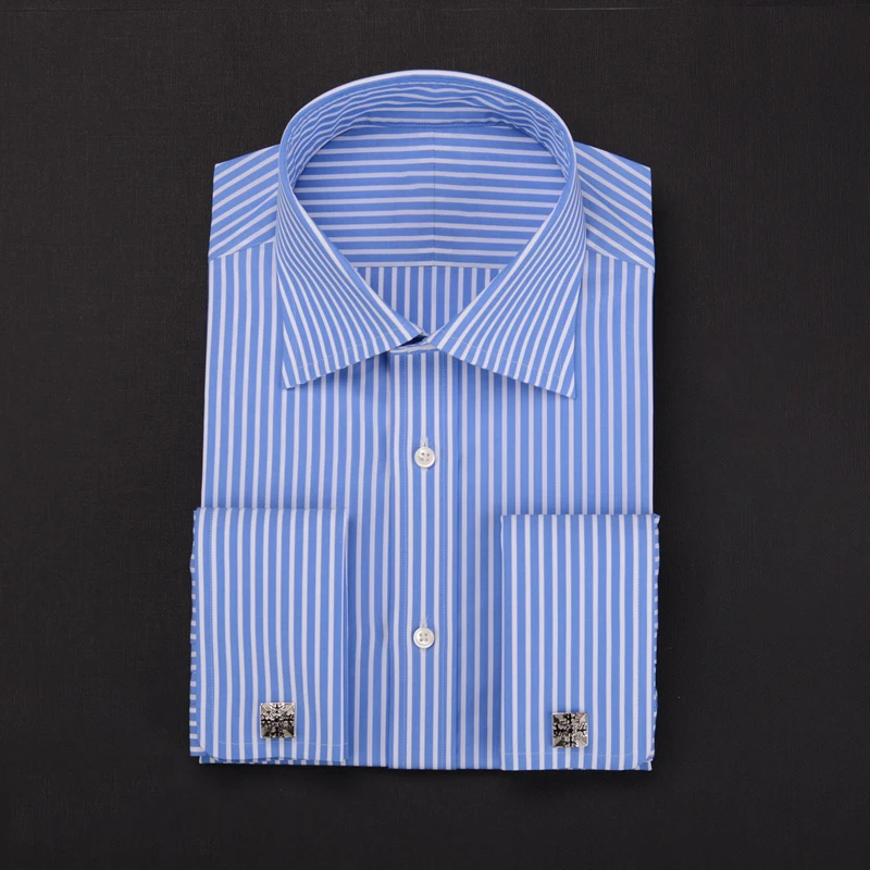 High quality double button high necked men\'s long sleeved shirt with 100% cotton blue stripe custom French shirt for men