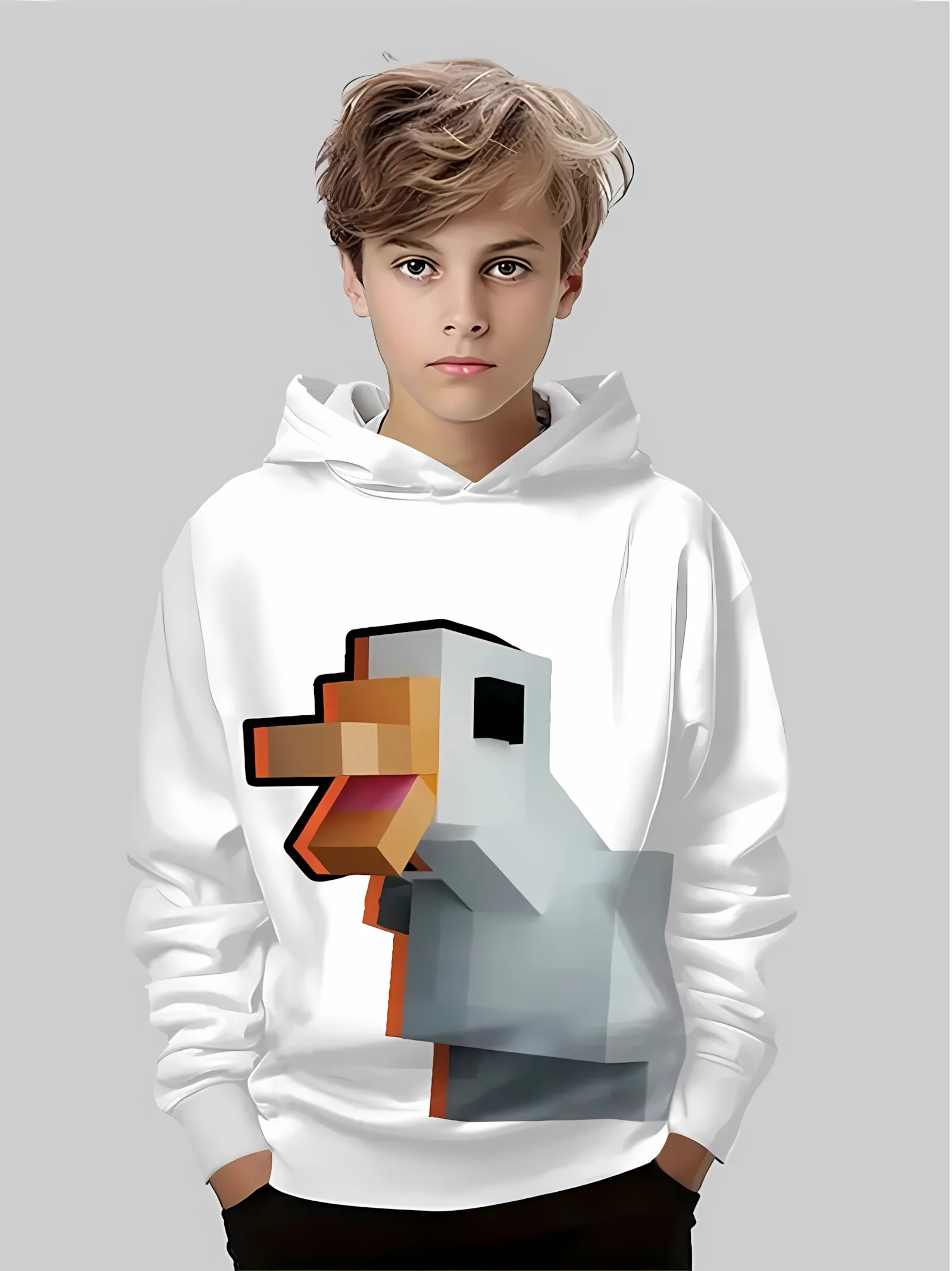 

The 2025 autumn new comfortable children's hoodie with 3D pixel duck print outdoor fashionable casual hoodie