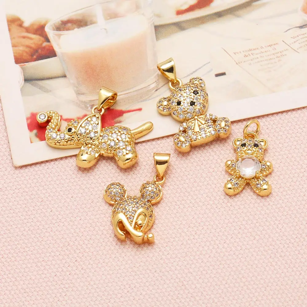 OCESRIO White Crystal Lucky Elephant Pendant for Necklace Copper Gold Plated Cute Bear Mouse Jewelry Making Supplies pdta989