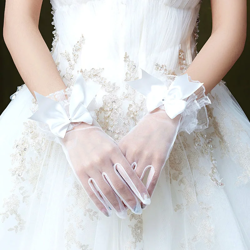 

Bride's Wedding Gloves Short All Finger Crystal Sheer Performance Wedding Etiquette White Gloves Women's Style