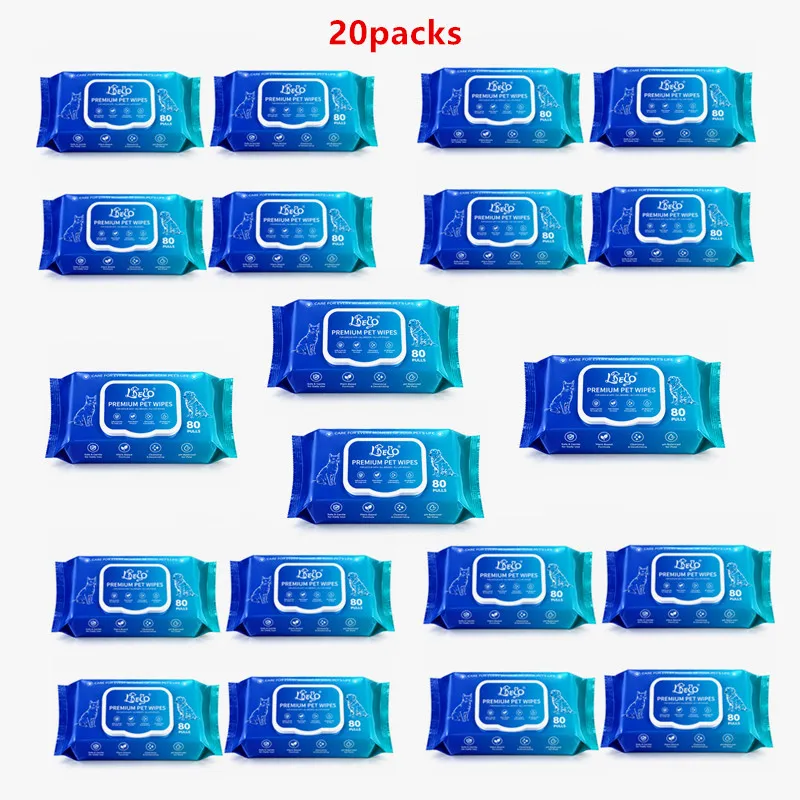 Pet Wipes 80 Count Per Pack, 20 Packs, Disposable Pet Cleaning Wipes for Dogs & Cats, Tear Stain Remover, Portable Household Wet