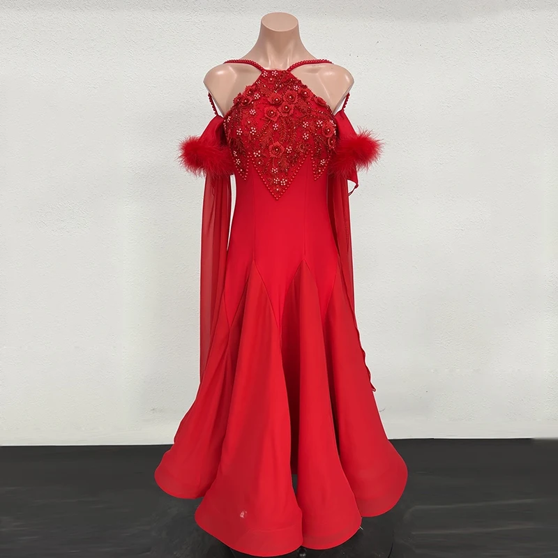 ผู้หญิงสีแดงชุดเต้นรำบอลรูมมาตรฐานการแข่งขันเสื้อผ้าวอลซ์ชุดยาวแทงโก้เต้นรำสมัยใหม่เครื่องแต่งกาย AMY3138