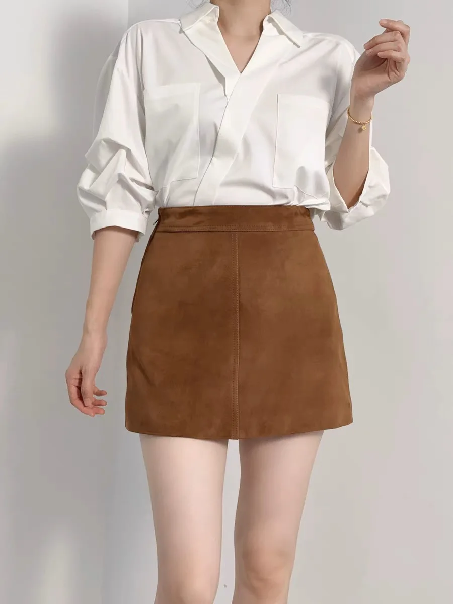 Retro Genuine Kid Suede Leather Skirt Mini Skirt Slim Fit Women 2024 Spring Fashion High Waist  Leather Skirt
