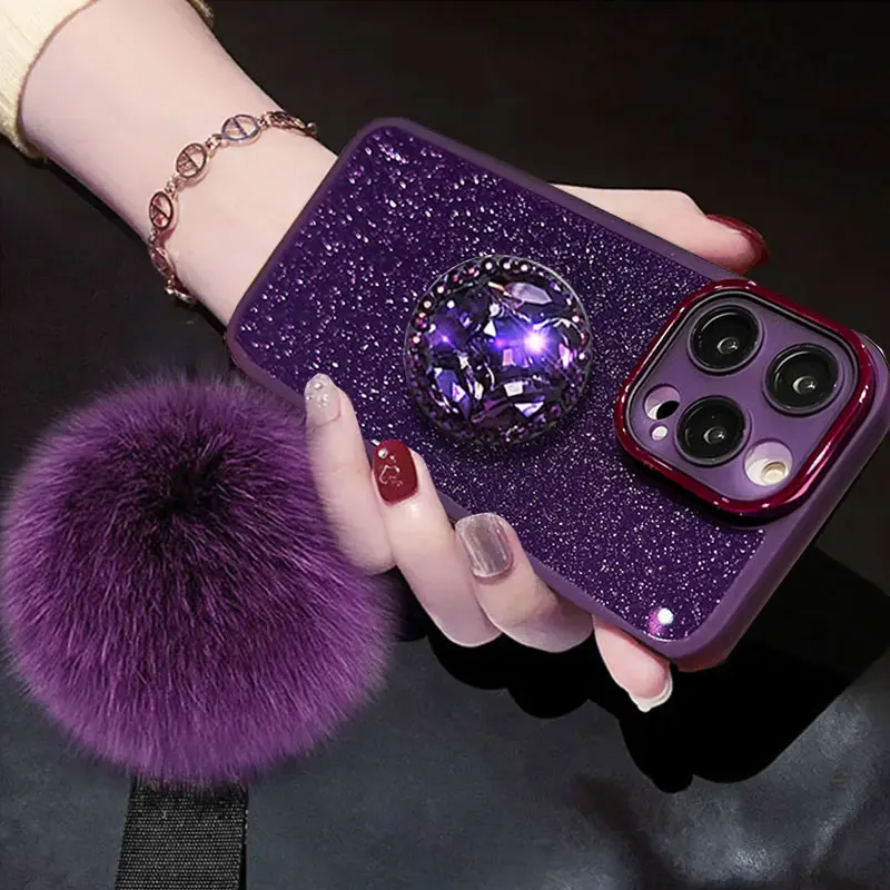 A5 2020 Luxury Fur Ball Lanyard Case For OPPO A5 A9 A53 A53S 2020 Realme C53 C55 11 Glitter Case A 9 5 With Diamond Holder Cover