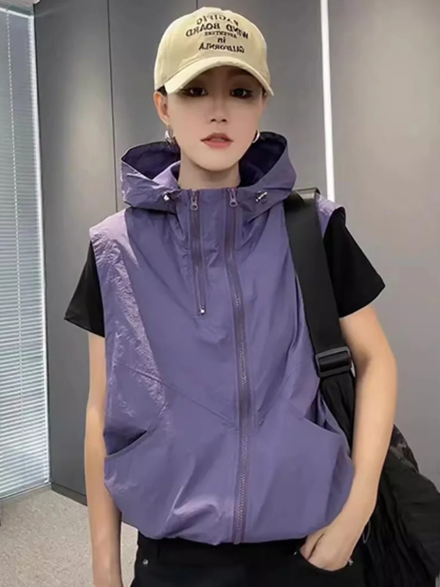 

Casual Hooded Workwear Vest Women's Spring Autumn New Korean Version Fashionable Jacket Outerwear Top Zipper Pocket Design