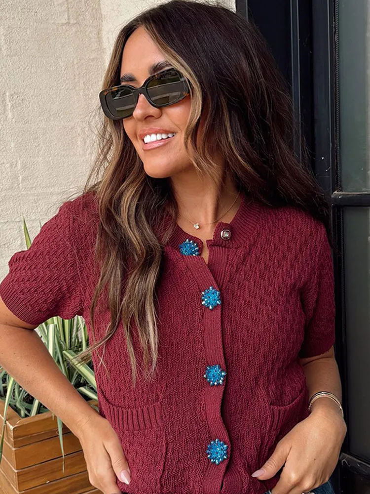 Women Burgundy Red Short Sleeve Knitted Cardigan O Neck Pocket Blue Snowflake Button Sweater Early Autumn Causal Chic Streetwear