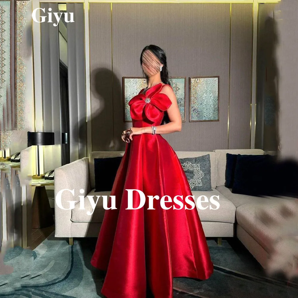 Giyu Elegant Burgundy Satin Evening Dress Square Neck Sleeveless Chest Large Flower Decoration Formal Party Dress Customized