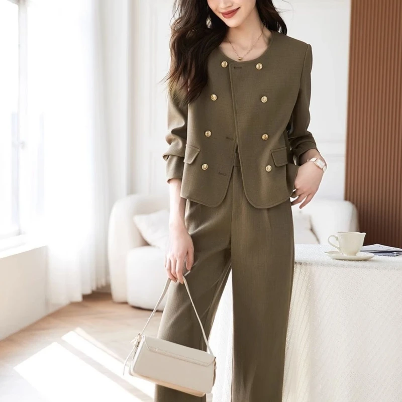 Woman's Retro Casual Short Blazer Wide-leg Pants Suit Commuter Solid Color Round Neck Double-breasted   Two-piece Set