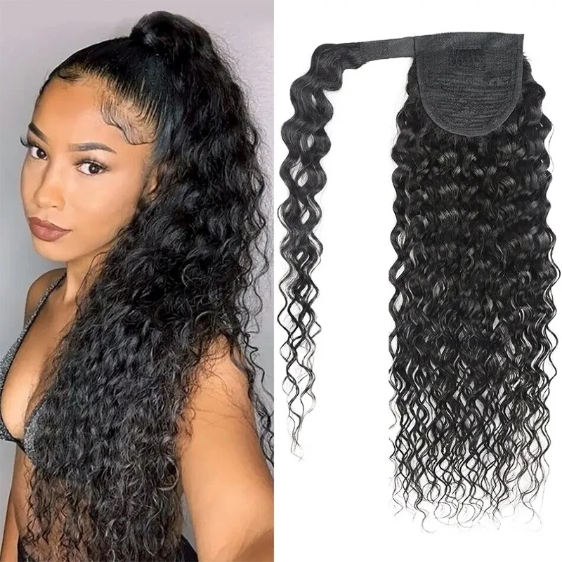 Extensão velcro rabo de cavalo para mulheres, cabelo humano de onda profunda, envoltório, cor preta natural, peruca, 12-30 in