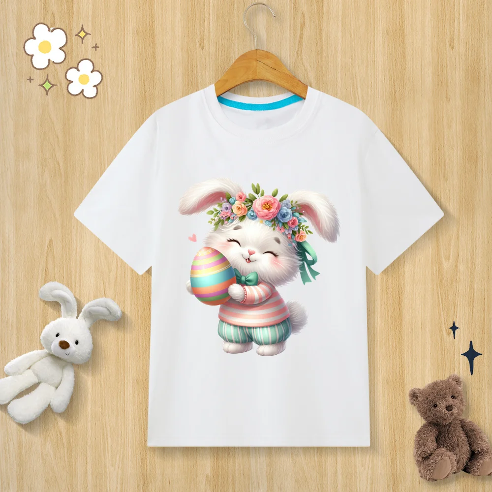 2024 New Style 100% Cotton Easter Eggshell Bunny Cute Rabbit Print T-shirt Summer Top Themed  Clothes O-neck Short Sleeve Gift