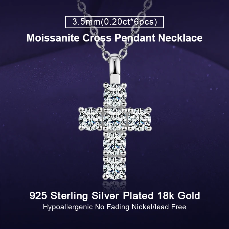IOGOU Original 925 Silver 3.5mm 1.2ct All D Color Moissanite Cross Pendant Necklace for Women Valentine's Day Party Fine Jewelry