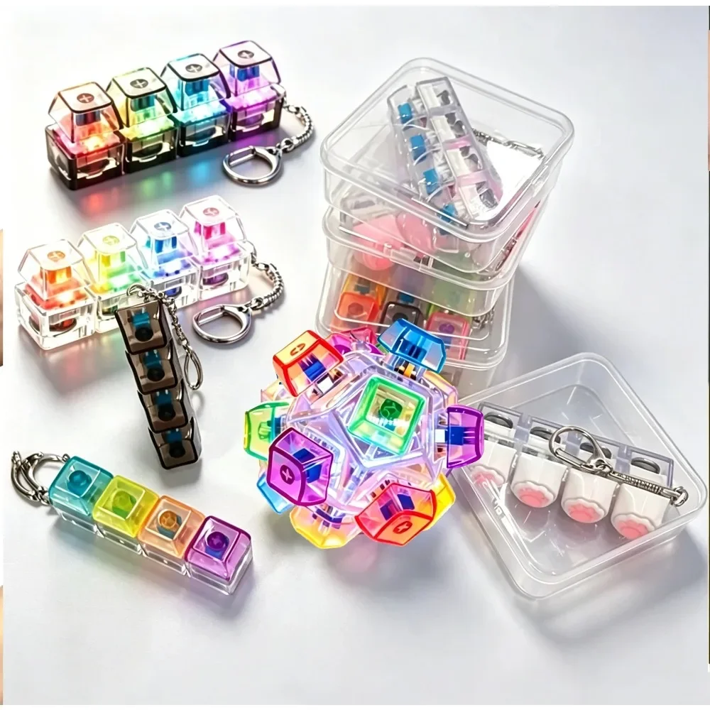 Creative Gift LED Keyboard Keychain Fidget Toys Crystal Clicker Sensory Toy for Stress Relief Keyboard Keychain Fidget Gadget