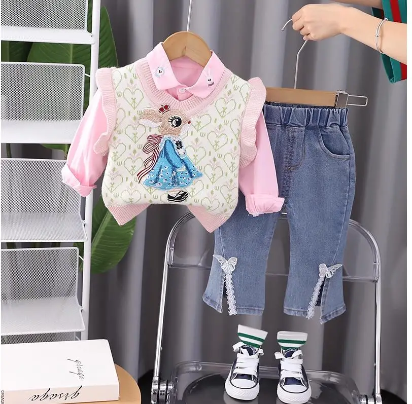 

Lapel cotton shirt children's vest jeans three-piece set