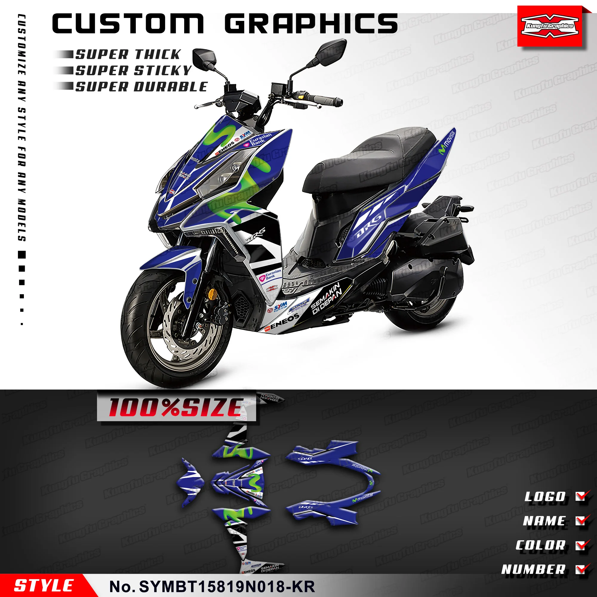 KUNGFU GRAPHICS Waterproof Laminated Decals for SYM DRG BT158 BT 158 2019 2020, SYMBT15819N018-KR