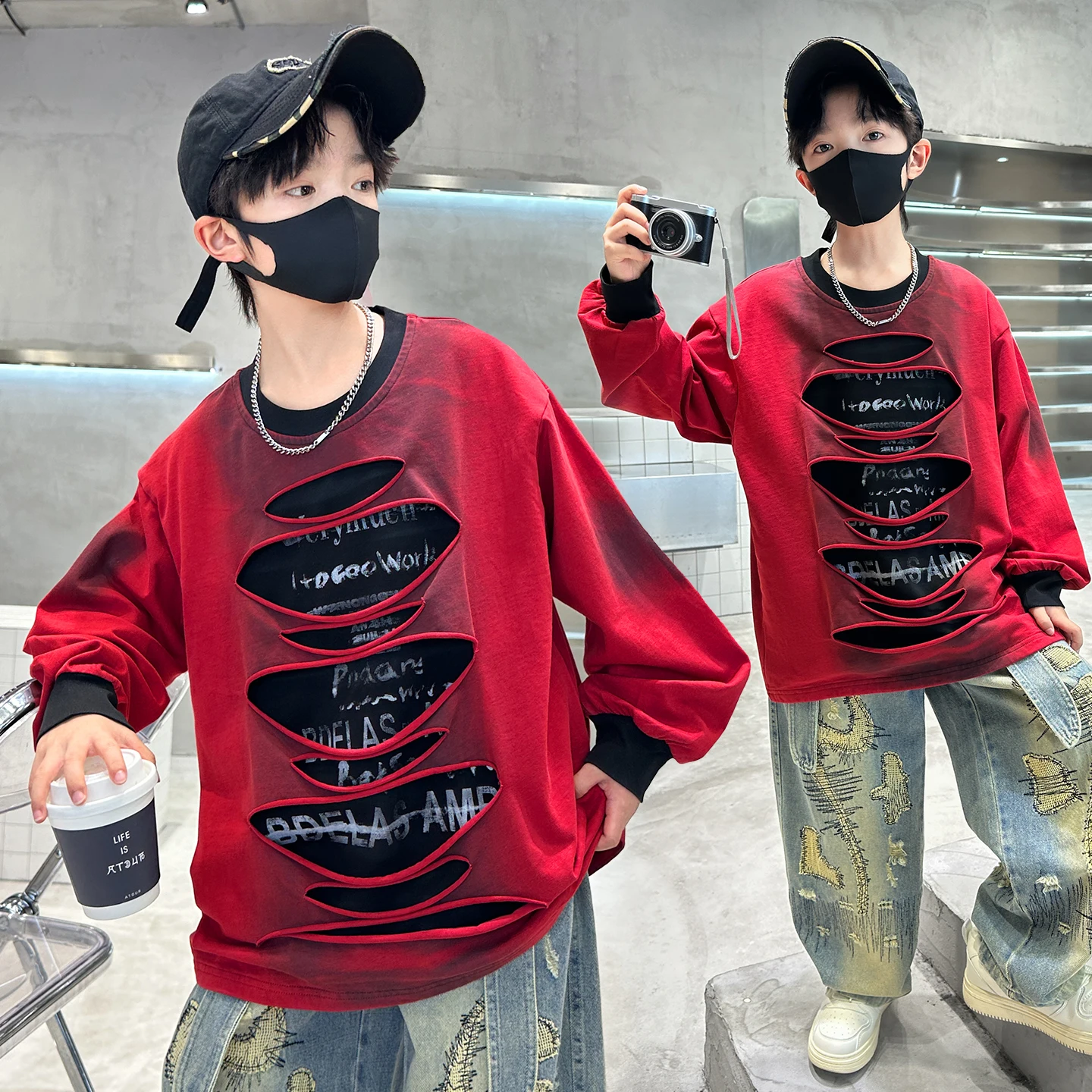 

Stylish Children Hip Hop Fashion Broken Sweatshirt with Hole For Tween Boy Cotton Streetwear Outfit Kids Fashion Autumn Clothing