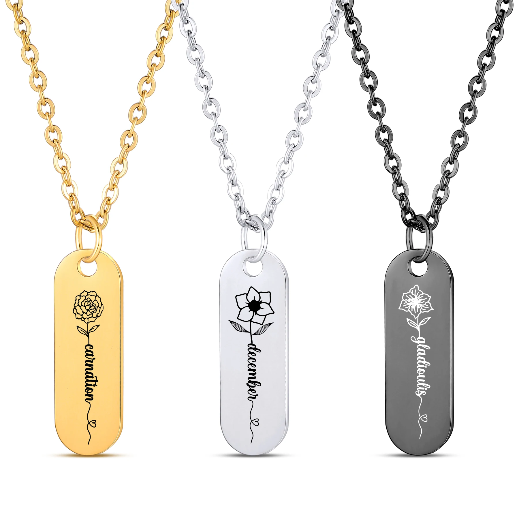 

Personalized Birth Month Flower Necklace Stainless Steel Engraved December Flower Pendant Chain for Women Custom Jewelry Gift