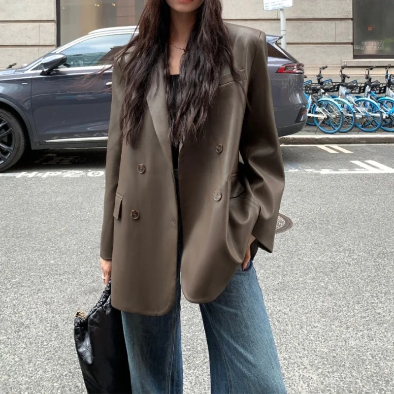 Women Tailored Coats Solid PU Leather Jackets Pocket Long Sleeves Lapel Collar Double Breasted Loose Casual 2026 Spring Autumn
