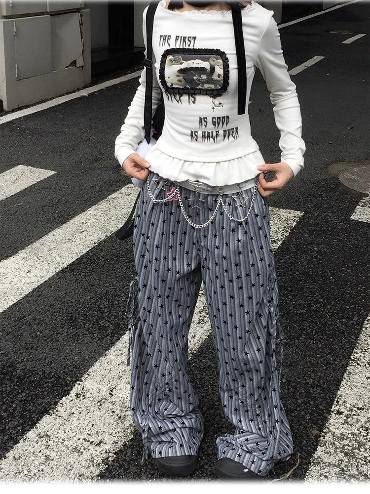 Harajuku impressão dos desenhos animados bonito camisetas streetwear fino ajuste y2k estética babados outono camisas femininas grunge blace retalhos topos