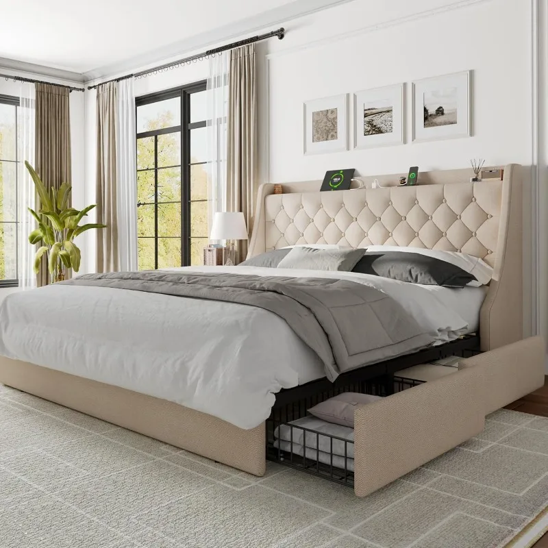 Upholstered Storage Bed with Charging Station, Tufted Wingback Storage Headboard, No Box Spring Needed, Beige