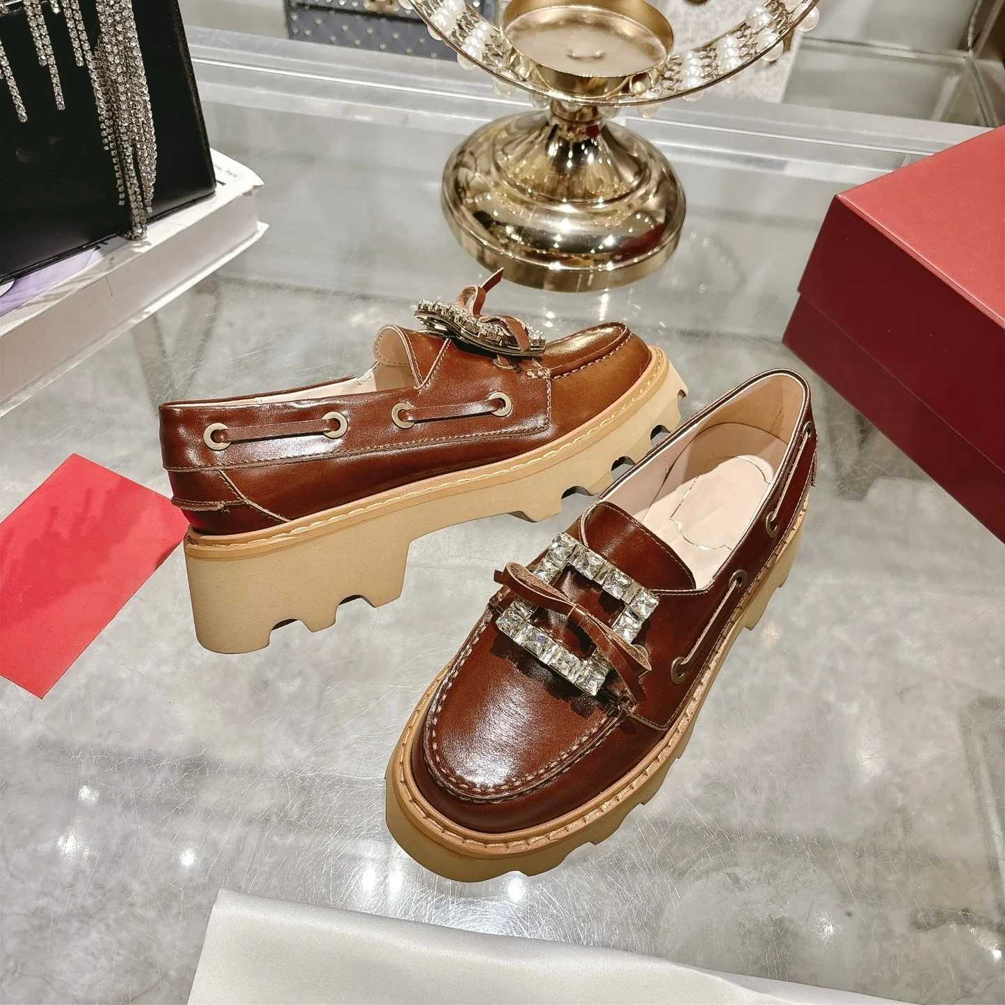 2025 outono novo couro genuíno strass fivela quadrada mocassins feminino altura crescente sapatos de couro de sola grossa deslizamento