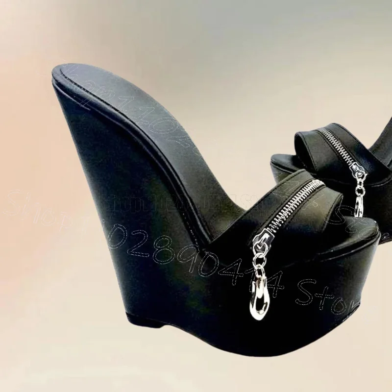 

Zipper Decor Red Wedges Heel High Platform Slippers Slip On Women Shoes Open Toe Fashion Party Banquet 2025 Zapatos Para Mujere