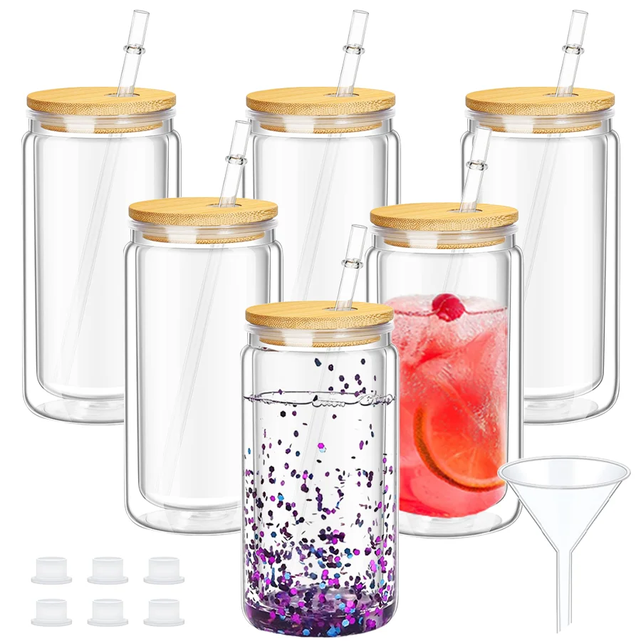 

Набор из 6 бутылок для воды на 16 унций, прозрачные крышки для чашек с двойными стенками, соломинки и воронки — многоразовые для вечеринки, офиса, Рождества, Дня благодарения