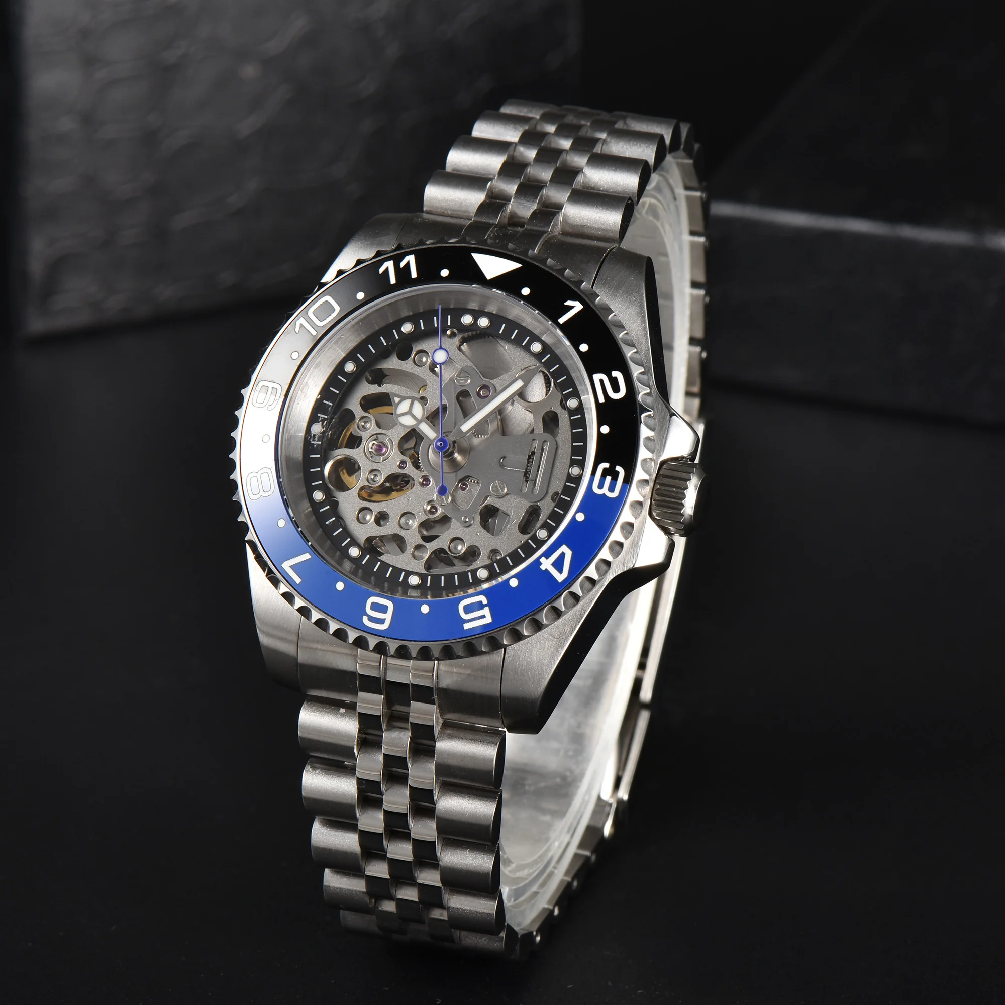 40MM Men's Watch Luxury NH70 Movement Hollow Out Dial Stainless Steel 904L Sapphire Glass Ceramic Ring