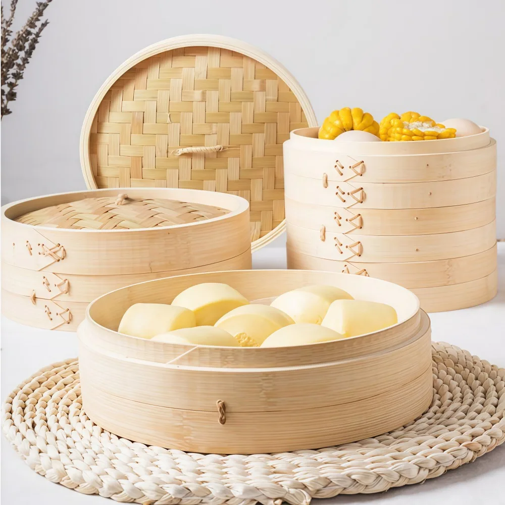 Customizable Natural Bamboo Steamer with Lid Handmade Chinese Basket Steamer for Dumplings,Buns,Dim Sum,Veggies Preserve
