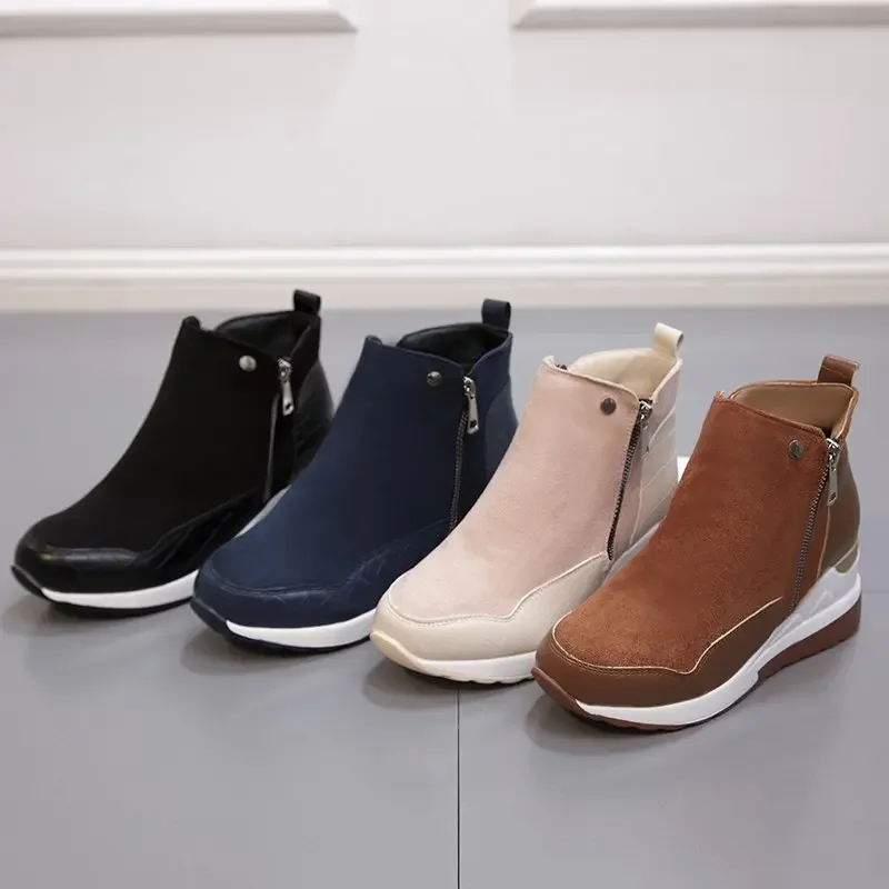 

New Women Ankle Boots Cotten Shoes Wedge Snow Boots Fashion Autumn Winter Zipper Warm Plush Solid Platforms Korean Casual Short