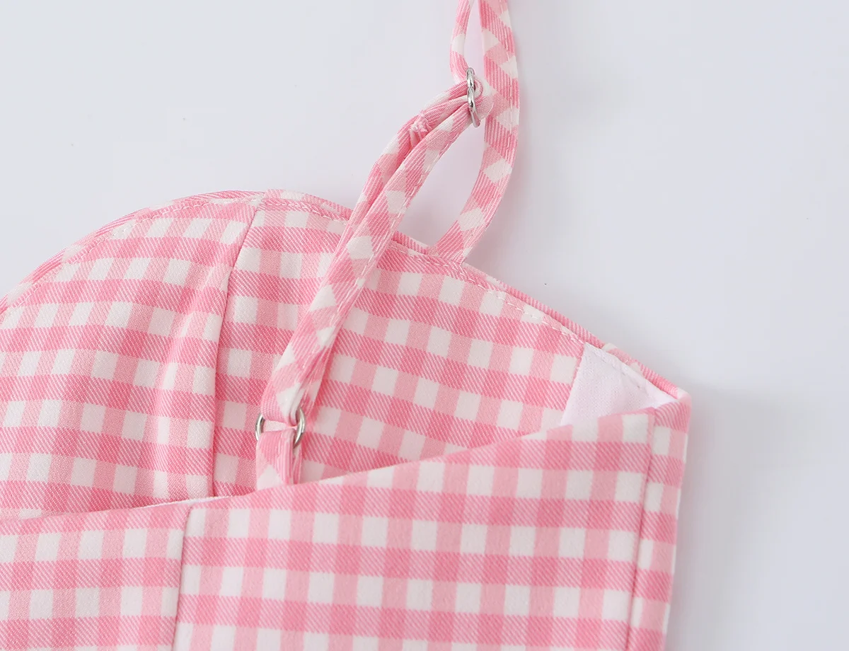 HH Rosa Gingham Bustier Cami Top Sommer Spaghetti-Träger-Top mit Knöpfen vorne und Rüschensaum, kurzes Korsett für Damen, lässiges Strand-Outfit – Detail 10
