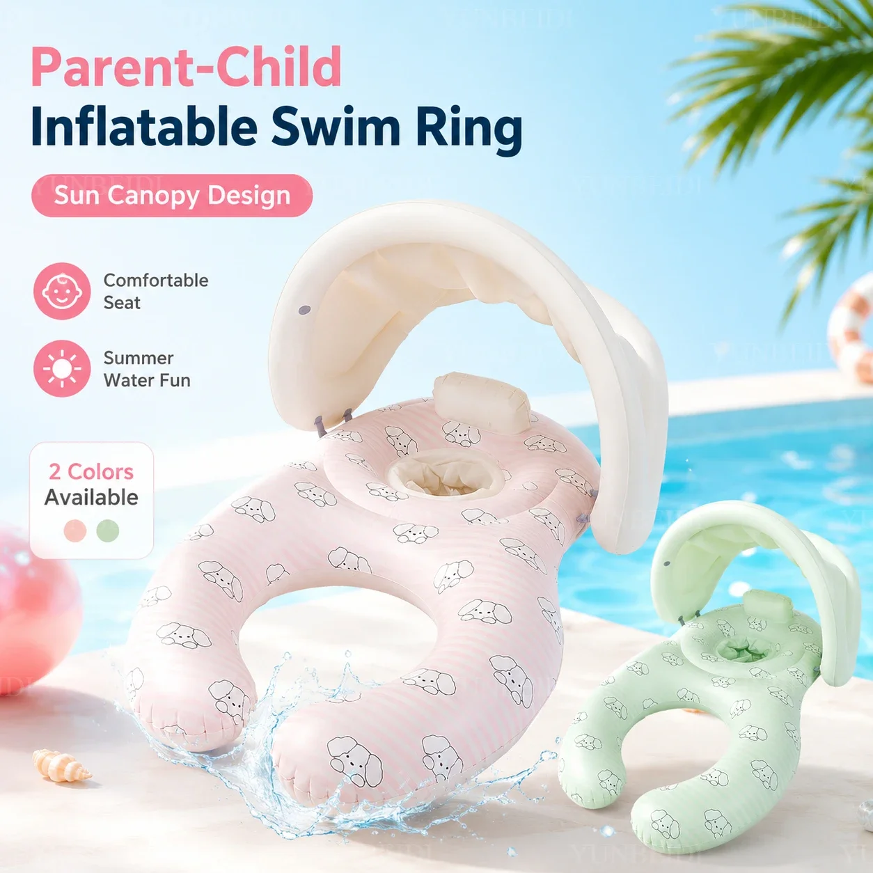 Mother and Child Swimming Ring with Shade Tent Double Seat Inflatable Baby Swimming Ring Family Pool Special PVC Material view 2