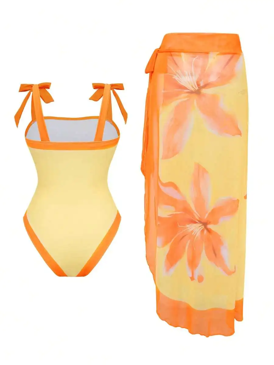 Womens Floral Print One Piece Swimsuit With Tie Waist Beach Skirt Set