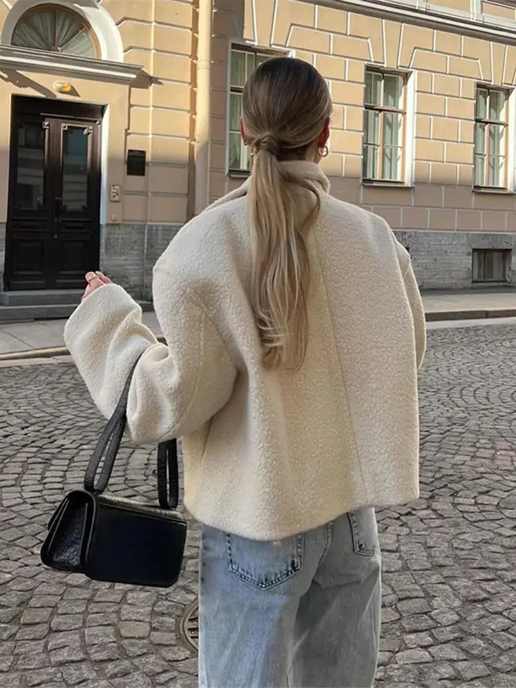 Fashion White Lamb Wool Short Jackets Women Chic Lapel Long Sleeve Zipper Cropped Coats 2024 Autumn Female Solid Street Outwear