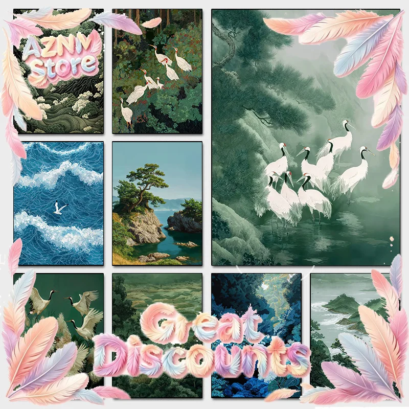 2026 Japanese Green Forest White Cranes Poster Chinoiserie Bird Modern Prints Canvas Painting Wall Art Picture Home Living Room 