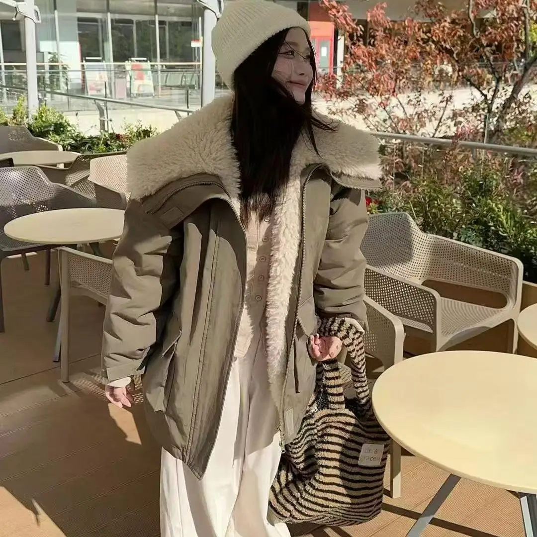 Lusy ラムベルベットジャケット女性のミッドレングス厚く暖かいトップファッショナブルな冬のアウター韓国スタイルルーズフィットジッパー閉鎖