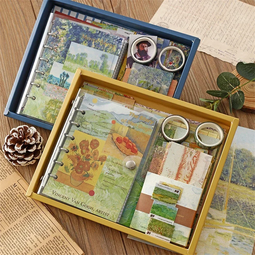 

150 Pcs/ Vintage A6 Notebook Washi Tapes Sticky Note Sticker Card Stationery Set Gift Box Van Gogh Oil Painting Binder Notepad