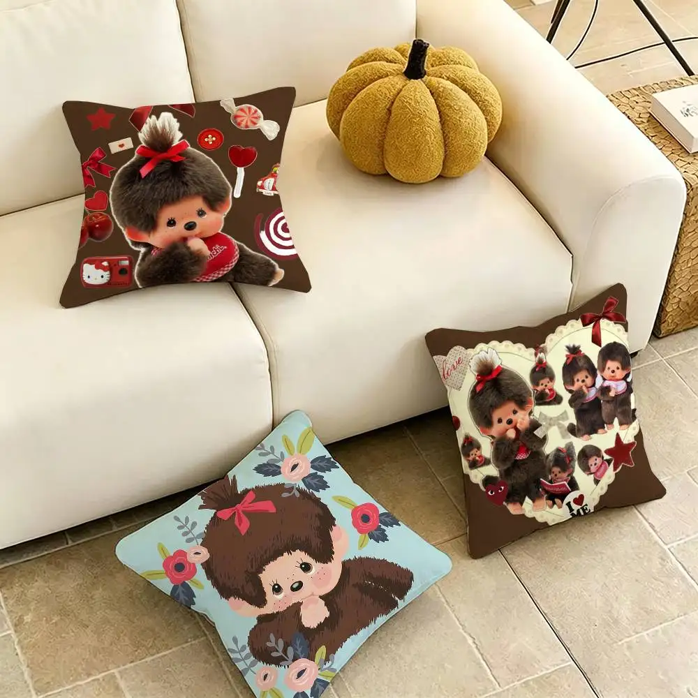 Cute Monchhichi-I Pillow Case Square Double-Sided Sofa Cushion Cover Bedroom Bedside Pillow Gift