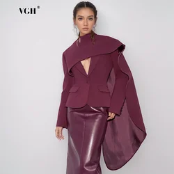 VGH Spliced Pockets Design Sense Chic Jackets For Women Scarf Collar Long Sleeve Temperament Irregular Solid Coats Female New