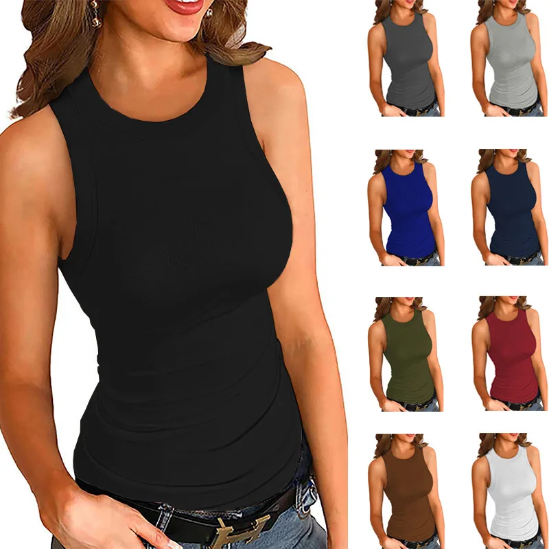 Cross-borderSpring and Summer New Arrivals Amazon European and American solid color printed roundneck tank top with ribbed inner
