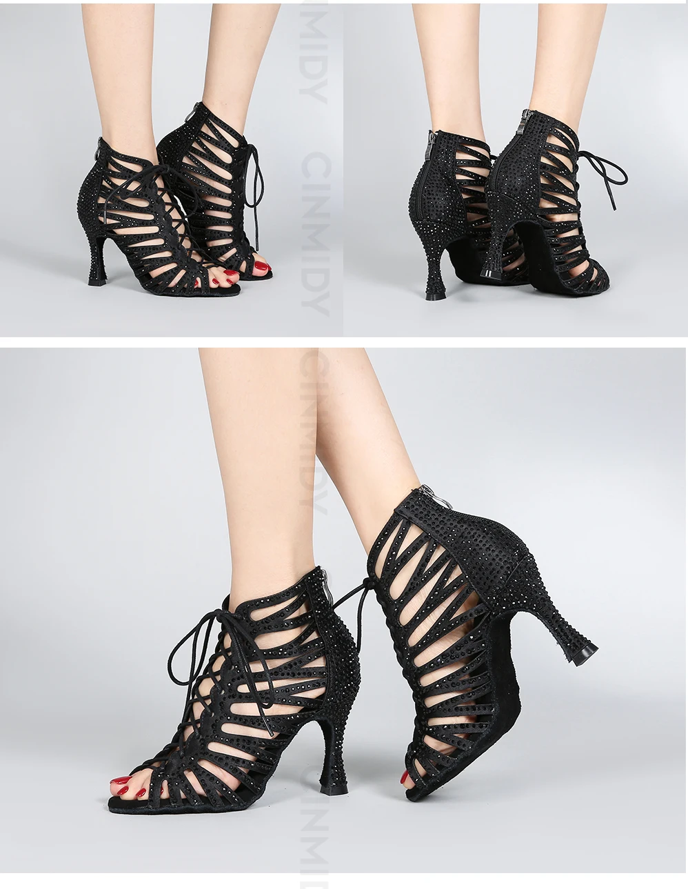 CINMIDY Schwarze Tanzschuhe für Damen Tango Salsa Latein Tanzschuhe Kubanischer Absatz Ballsaal Tanzstiefel Rote Partyschuhe zum Tanzen – Detail 12