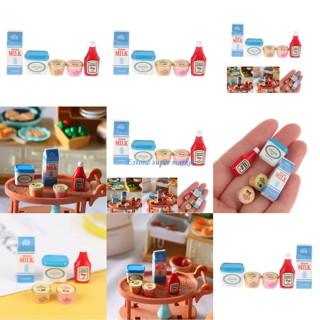 090B 5 Stuks Miniatuur Speelvoedsel Set Poppenhuis Scène Arrangement Realistische Ketchup Ijs Yoghurt voor Kinderen Rollenspel